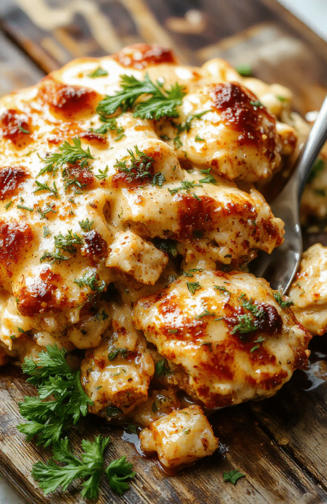 A creamy chicken casserole dish with golden melted cheese on top, garnished with fresh herbs, served in a white ceramic baking dish. The casserole reveals shredded chicken and a smooth, creamy sauce, with a crispy cheese crust that looks rich and inviting. The dish is styled on a rustic wooden table with a sprig of parsley for garnish and a side of fresh vegetables, emphasizing its comfort and wholesome appeal.