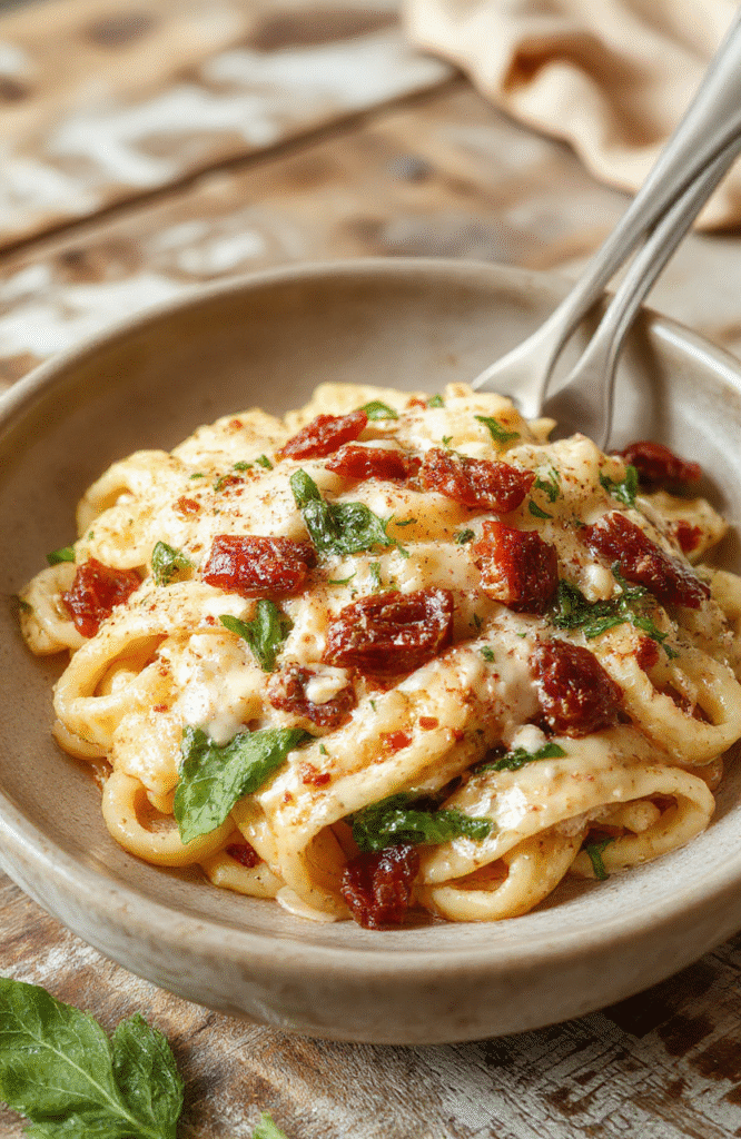 A vibrant plate of creamy sun-dried tomato spaghetti topped with fresh spinach leaves. The pasta is coated in a rich, orange-red sauce with visible bits of sun-dried tomatoes and wilted spinach, elegantly plated on a white dish, garnished with grated cheese and fresh basil, with a rustic wooden table background.