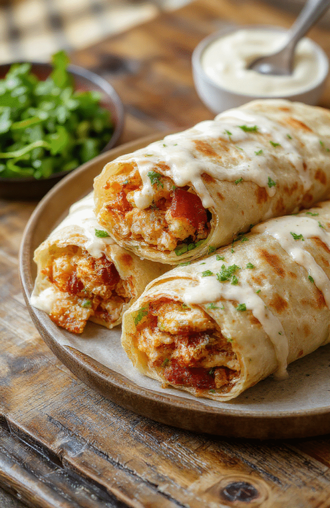 A close-up of crispy chicken bacon ranch wraps on a white plate, showcasing golden-brown chicken, crispy bacon, fresh lettuce, and a drizzle of ranch dressing. The wraps are cut diagonally, revealing the layered filling, and garnished with chopped herbs. The background features a rustic wooden table with scattered ingredients and a bowl of extra ranch dip.