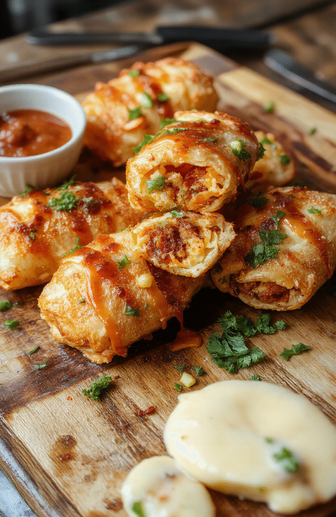 Golden-brown crispy southwest egg rolls sliced open to reveal colorful fillings of corn, black beans, diced chicken, and melted cheese. The rolls are arranged on a rustic wooden platter with fresh cilantro and lime wedges, highlighting their crunchy texture and vibrant ingredients. The background features a neutral-colored cloth and subtle shadows, emphasizing the appetizing visual appeal.