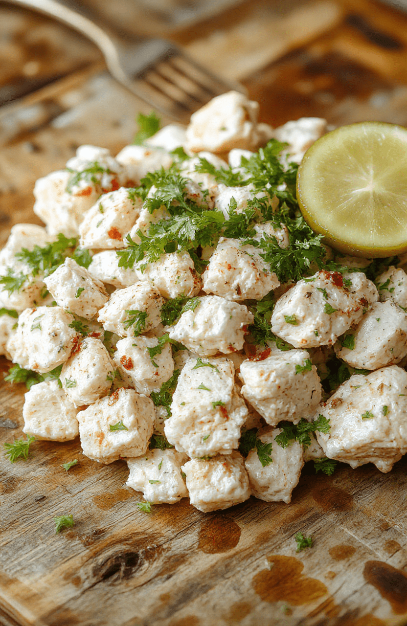 A vibrant bowl of crunchy dill pickle chicken salad showcasing diced chicken, crunchy pickle slices, fresh herbs, and a creamy dressing, arranged on a rustic wooden table with a casual, inviting feel.
