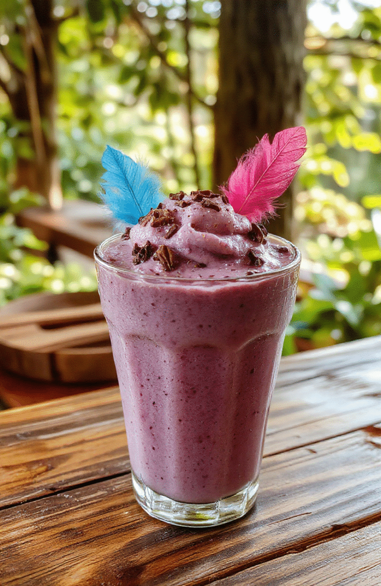 A vibrant, pastel-colored smoothie served in a clear glass, topped with fluffy whipped cream and shimmering edible glitter. The smoothie contains visible swirls of pink, purple, and blue, garnished with a small edible feather. The scene features a whimsical background with fairy lights and enchanted forest elements, styled for a magical fantasy setting.