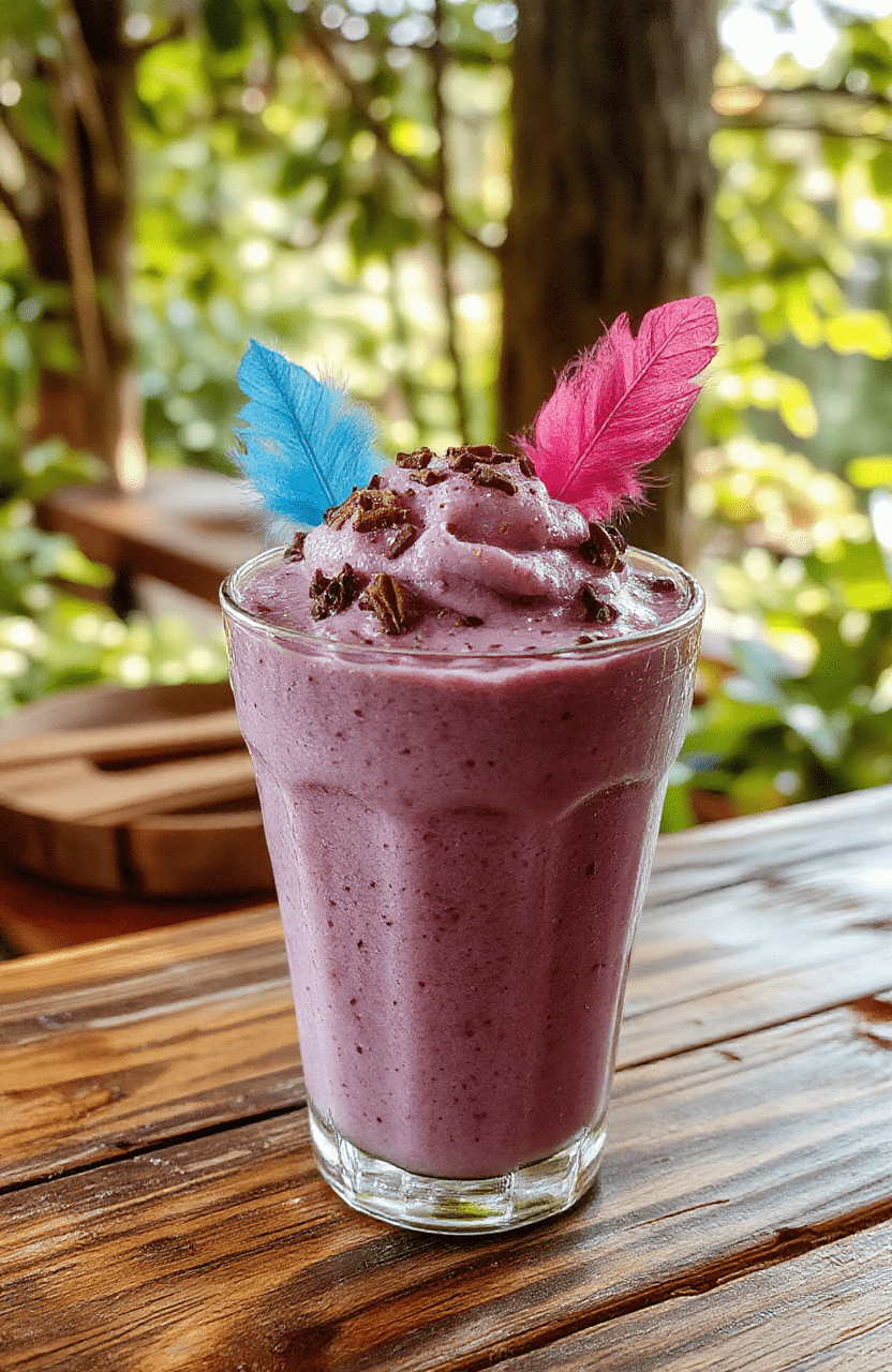 A vibrant, pastel-colored smoothie served in a clear glass, topped with fluffy whipped cream and shimmering edible glitter. The smoothie contains visible swirls of pink, purple, and blue, garnished with a small edible feather. The scene features a whimsical background with fairy lights and enchanted forest elements, styled for a magical fantasy setting.