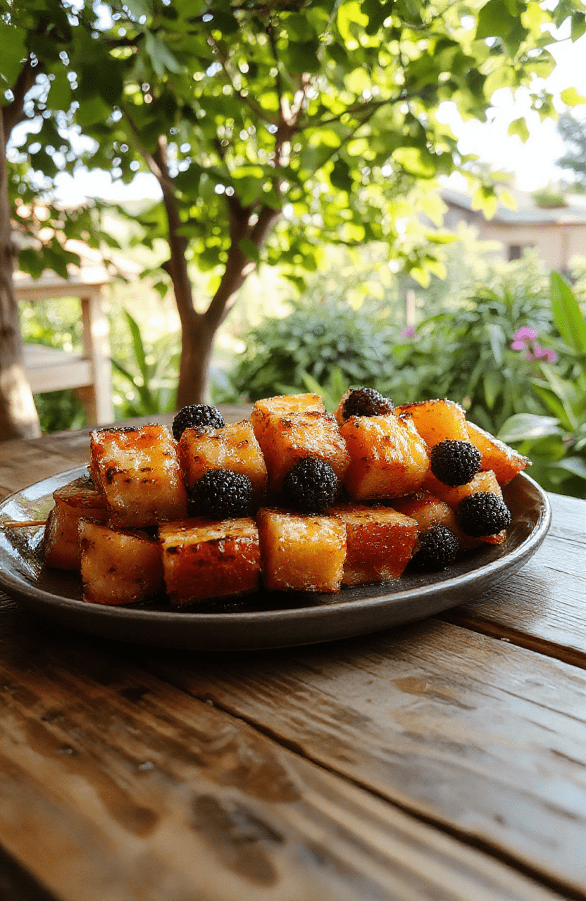 Colorful fruit skewers arranged on a white plate, featuring vibrant slices of watermelon, kiwi, strawberries, pineapple, and blueberries. The skewers are neatly aligned, showcasing their fresh, juicy textures and bright colors, styled with a playful and inviting presentation.