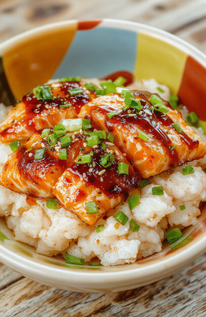 Vibrant salmon bites glazed with glossy teriyaki sauce sit atop fluffy white rice, garnished with green scallions and sesame seeds in a colorful bowl.