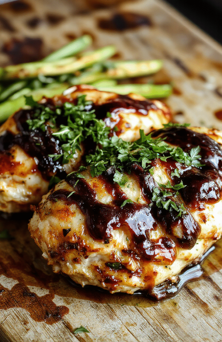 A perfectly baked chicken breast glazed with a glossy balsamic reduction, garnished with fresh herbs, served on a white plate with a side of roasted vegetables, vibrant colors, appealing textures, and a rustic wooden table background.