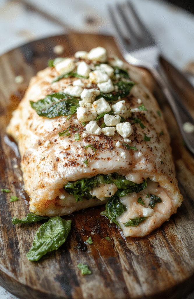 A beautifully plated baked stuffed salmon fillet topped with melted feta cheese and vibrant spinach, garnished with lemon slices and fresh herbs, on a rustic wooden platter with colorful vegetables in the background, showcasing flaky textures and bright presentation.