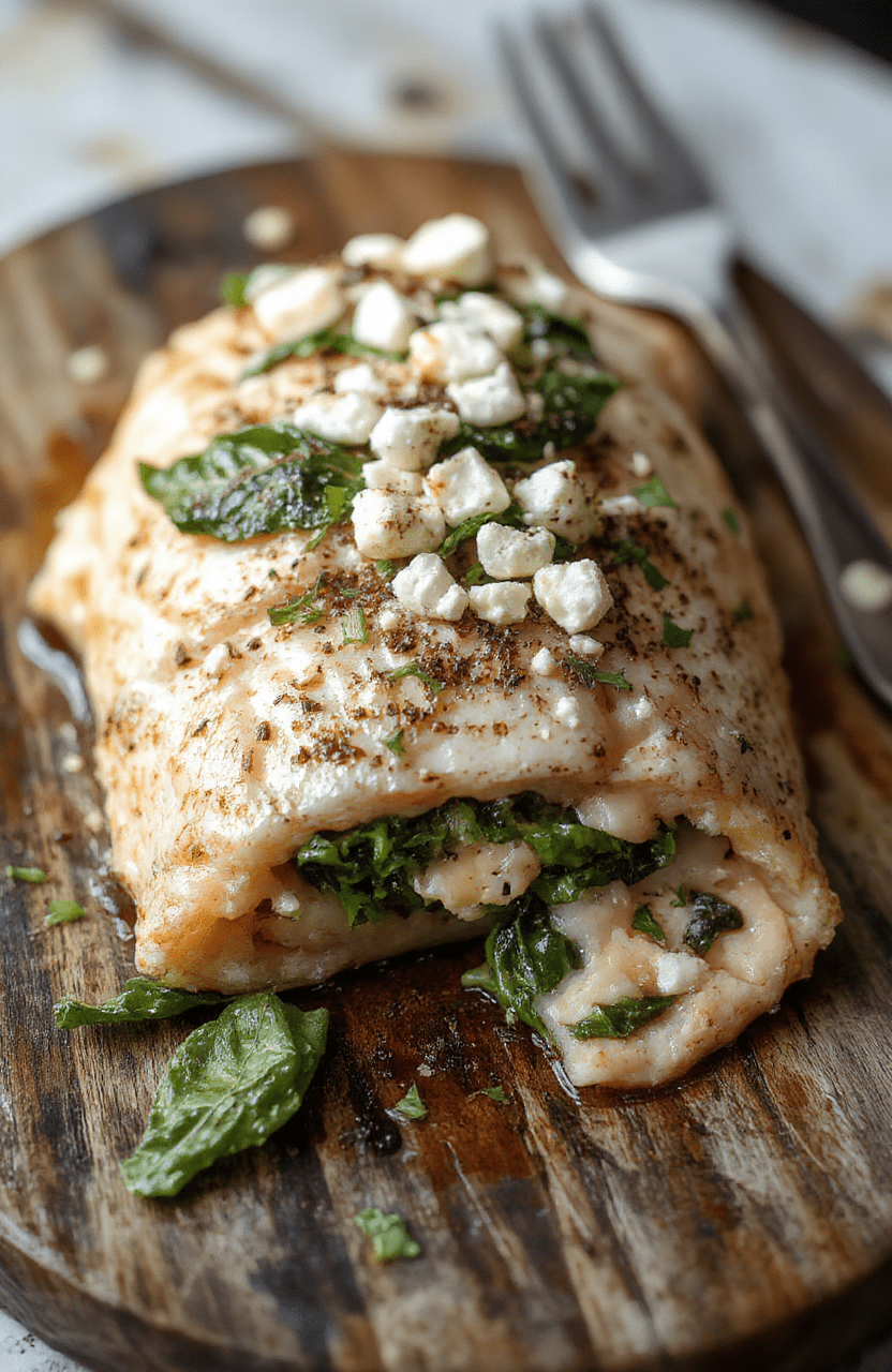 A beautifully plated baked stuffed salmon fillet topped with melted feta cheese and vibrant spinach, garnished with lemon slices and fresh herbs, on a rustic wooden platter with colorful vegetables in the background, showcasing flaky textures and bright presentation.
