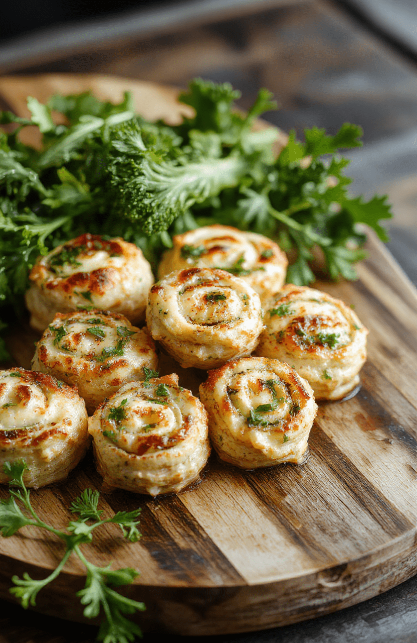 Colorful broccoli cheese pinwheels placed on a rustic wooden platter, showcasing golden-brown crust with vibrant green broccoli florets and melted cheese, styled simply with a soft natural light highlighting textures.
