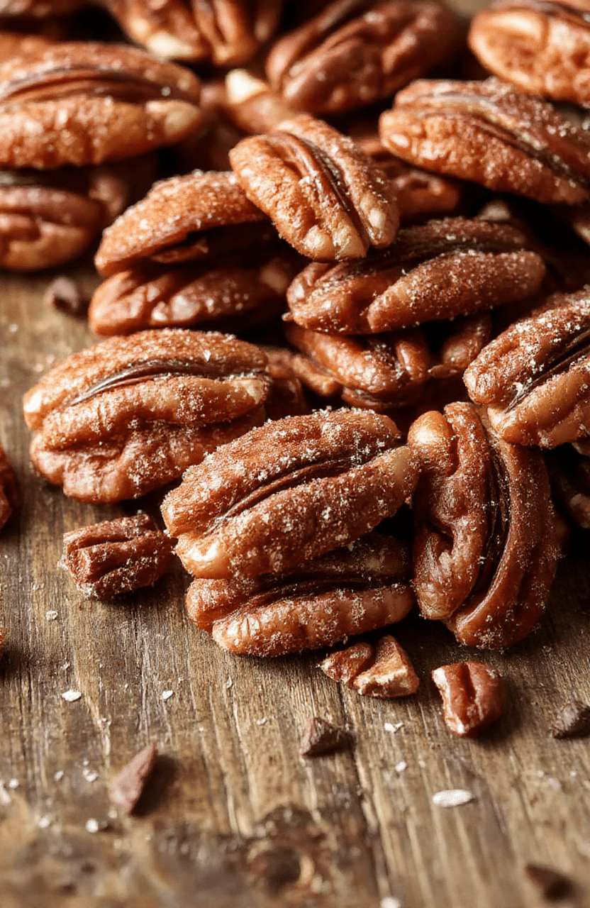 A close-up of glossy, golden-brown cinnamon sugar pecans arranged on a rustic wooden plate, with a sprinkle of cinnamon on top, showcasing their crunchy texture and rich coating, styled with a soft-focus background and natural light highlighting their caramelized sheen.