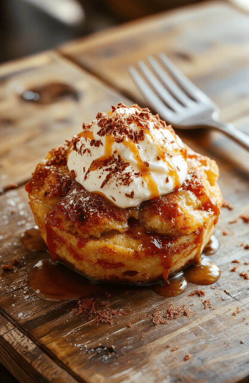 A warm, inviting plate of bread pudding topped with a drizzle of caramel sauce and a dollop of whipped cream, garnished with a sprinkle of cinnamon. The pudding has a golden-brown crust with a soft, custardy interior visible from the side. The dish is styled on a rustic wooden table with a cozy, homestyle ambiance.