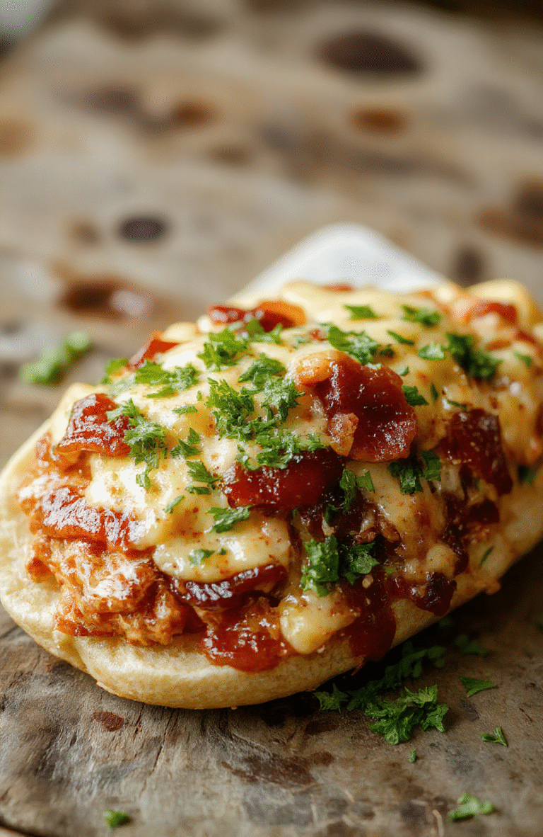 A vibrant plate featuring crispy baked chicken topped with melted cheddar cheese, smoky bacon bits, and barbecue sauce drizzled over the juicy meat. Garnished with chopped green onions, served alongside a rustic wooden cutting board with sides of fresh coleslaw and corn on the cob. The dish's textures include crispy edges and gooey cheese, with a colorful, inviting presentation perfect for a hearty family dinner.