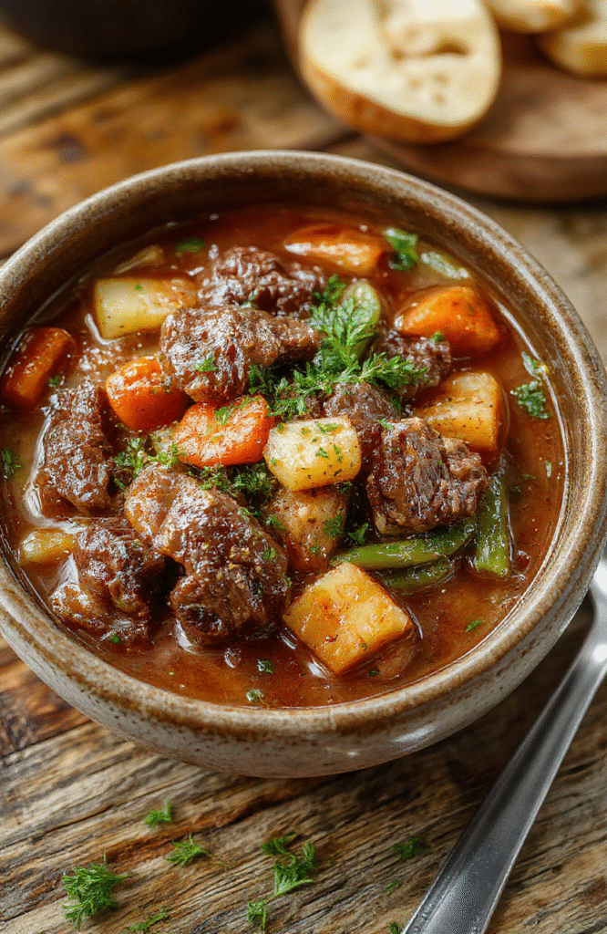 A hearty beef stew in a rustic bowl, featuring tender chunks of beef, carrots, potatoes, and green beans garnished with fresh herbs, served on a wooden table with warm lighting creating a cozy ambiance.