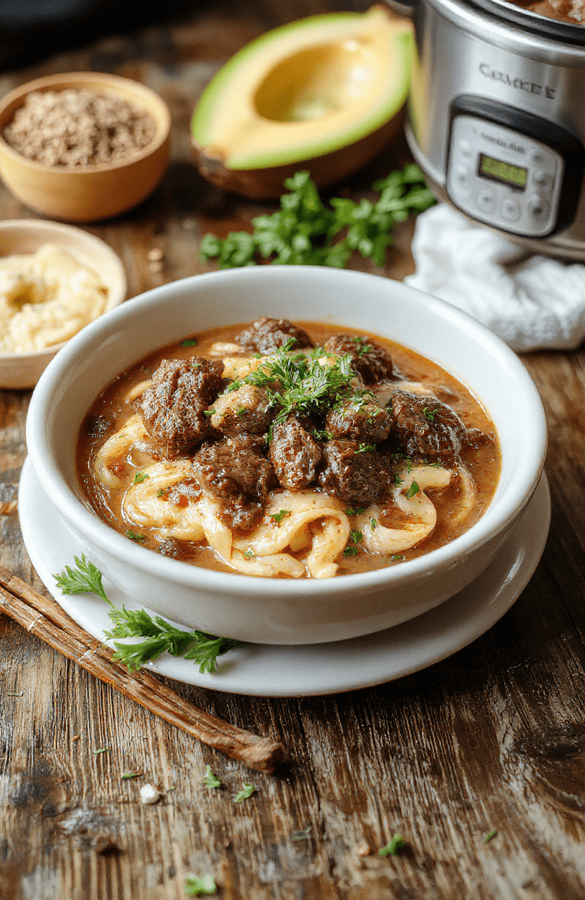 A steaming bowl of beef and noodles on a rustic wooden table with vibrant carrots, tender beef chunks, and curly noodles topped with fresh herbs, surrounded by cozy fall decor in warm tones.