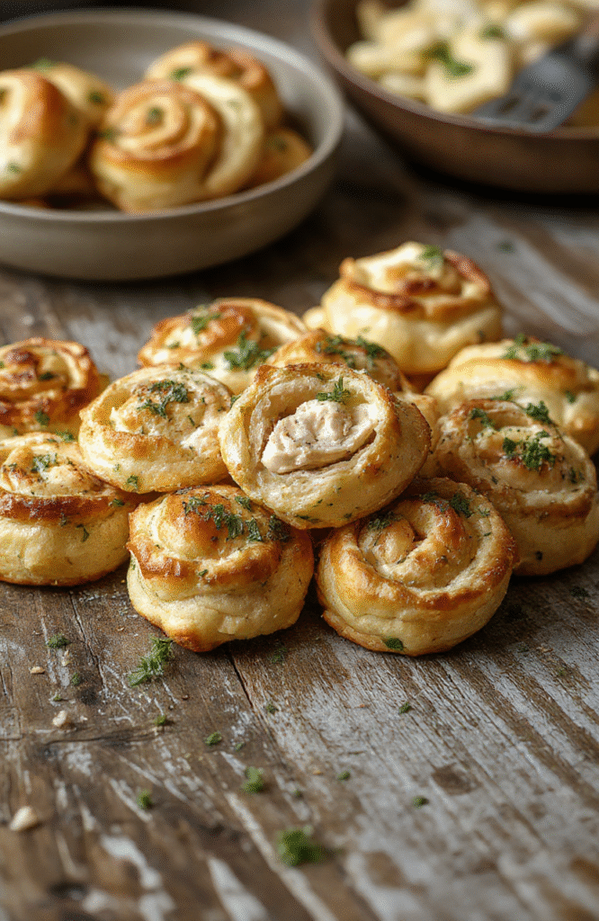 Colorful and crispy crack chicken pinwheels arranged on a white plate, showcasing golden-brown flaky pastry with a creamy chicken filling, garnished with chopped herbs, styled on a rustic wooden table with soft natural lighting.