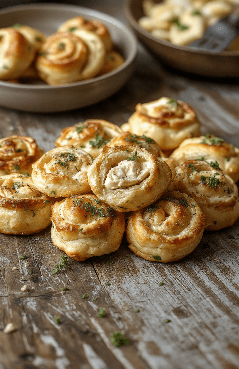 Colorful and crispy crack chicken pinwheels arranged on a white plate, showcasing golden-brown flaky pastry with a creamy chicken filling, garnished with chopped herbs, styled on a rustic wooden table with soft natural lighting.