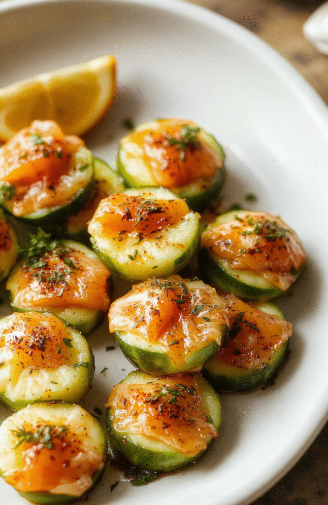 Colorful cucumber slices topped with delicate smoked salmon and fresh herbs arranged on a white plate, with a light drizzle of sauce, showcasing textures from crisp cucumber to silky salmon, styled simply with a fresh green garnish.
