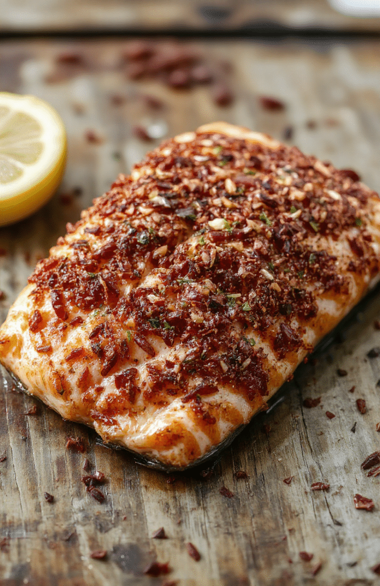 A beautifully plated flaky salmon fillet cooked in an air fryer, garnished with fresh herbs and lemon slices, resting on a rustic wooden surface with vibrant colors, highlighting the crispy exterior and tender interior textures.