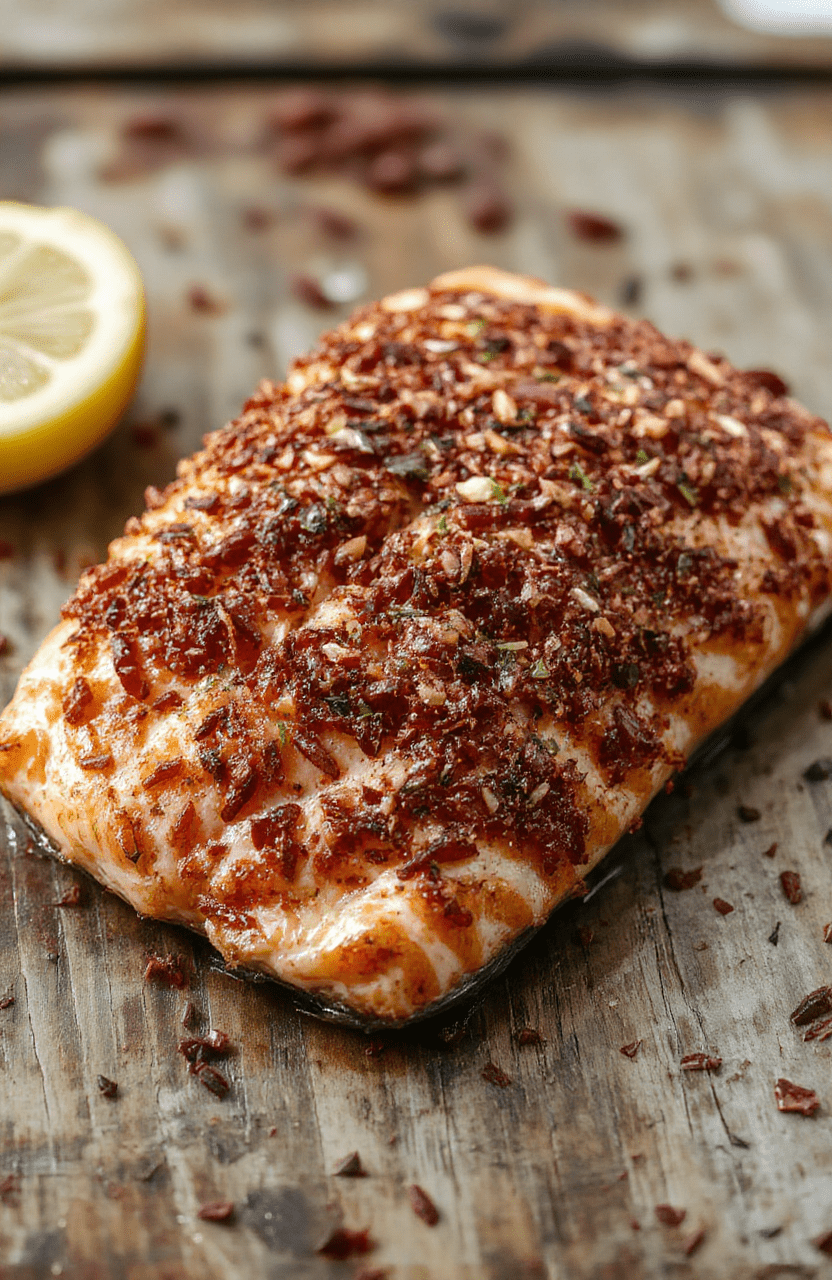 A beautifully plated flaky salmon fillet cooked in an air fryer, garnished with fresh herbs and lemon slices, resting on a rustic wooden surface with vibrant colors, highlighting the crispy exterior and tender interior textures.