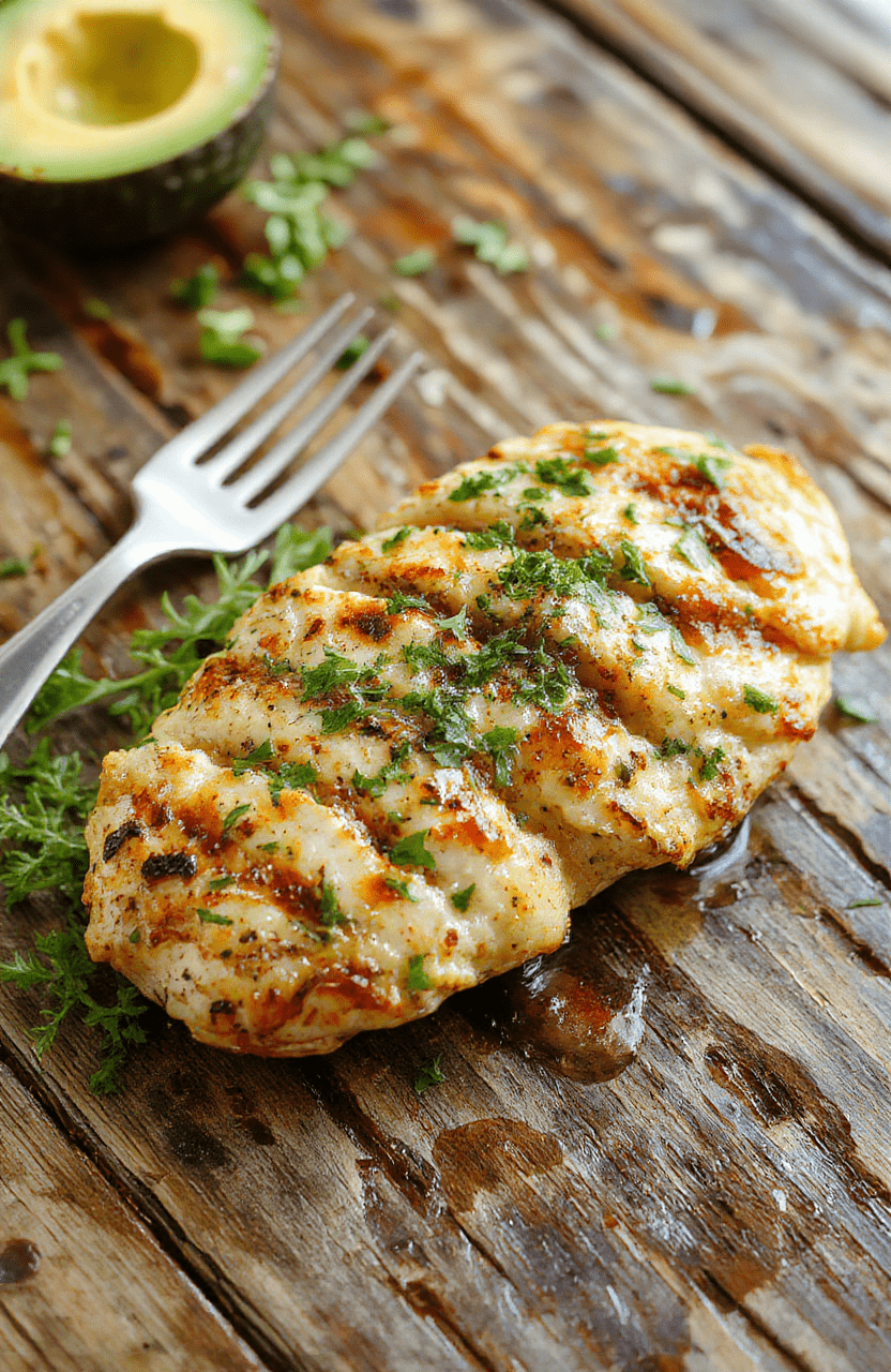 Colorful grilled chicken skewers topped with creamy sliced avocados, served on a rustic wooden platter with fresh lime wedges and vibrant herbs, showcasing a golden-brown crispy exterior and smooth avocado slices with a glossy finish, styled for a casual outdoor dinner.