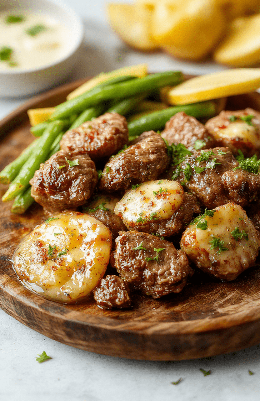 A close-up of tender beef bites coated in rich garlic butter sauce, served on a rustic wooden plate with sprigs of fresh herbs, the beef glistening and perfectly cooked, with a textured background highlighting the savory dish.