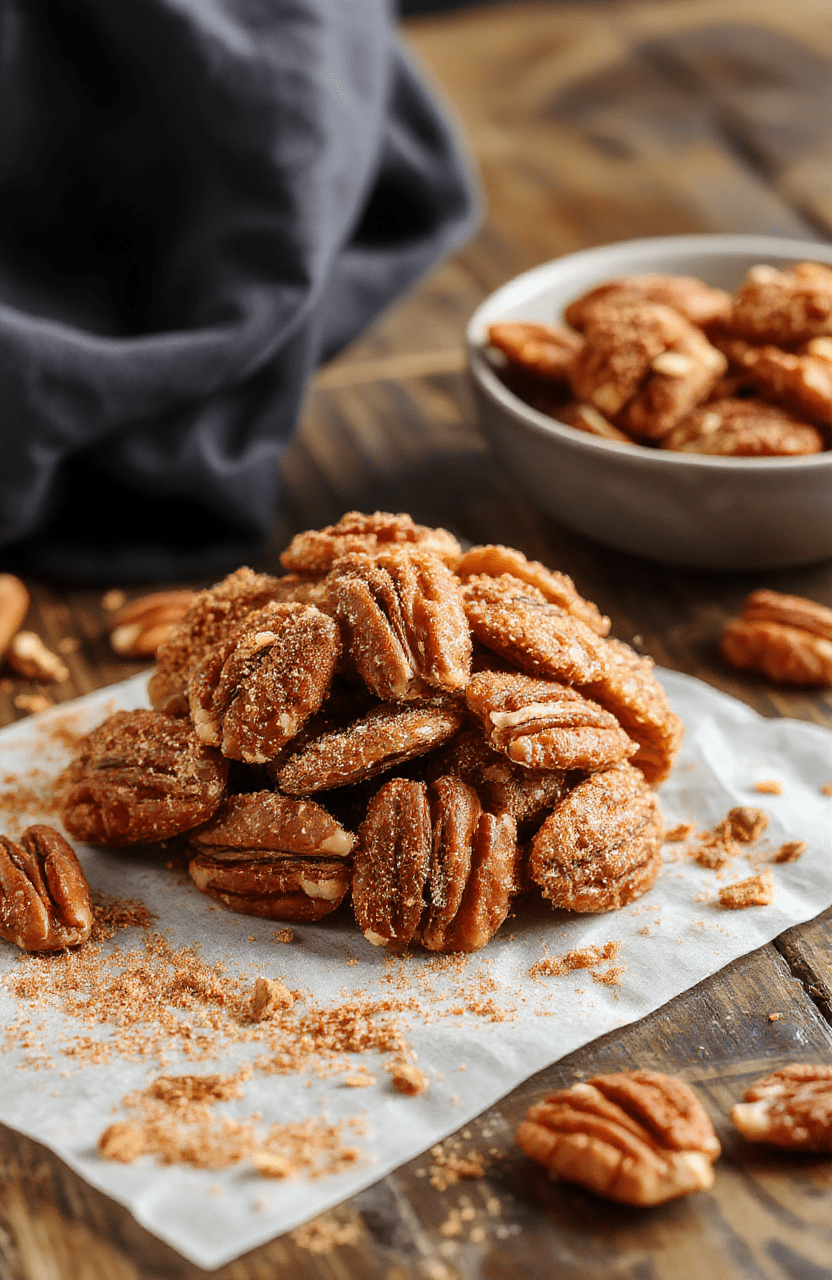 A close-up of golden-brown cinnamon sugar coated pecans arranged in a rustic bowl, with a sprinkle of cinnamon on top. The pecans have a shiny caramelized surface with a crunchy texture, set against a creamy white background with a wooden spoon for aesthetic appeal.
