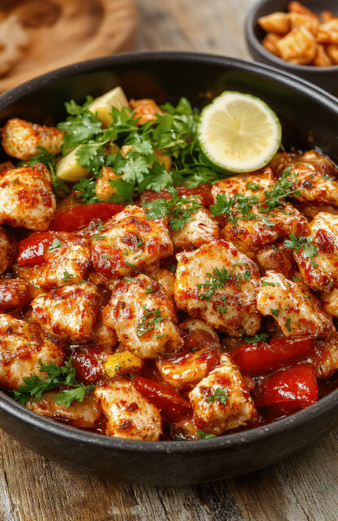 A vibrant plate of chicken fajitas featuring colorful sliced bell peppers and onions on tender grilled chicken strips, all caramelized with spices, arranged neatly on a rustic white plate. The dish is garnished with fresh cilantro and lime wedges, styled on a wooden table with soft natural lighting highlighting the textures and vivid colors of the ingredients.
