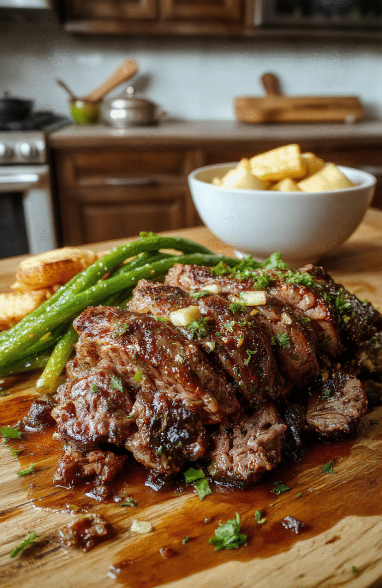 Colorful slices of tender beef, vibrant bell peppers, and onions arranged artfully on a white ceramic plate. The dish is garnished with fresh green herbs, with a rich and savory sauce glistening in the light. The background features a rustic wooden table with natural daylight highlighting the textures and bright colors of the ingredients.