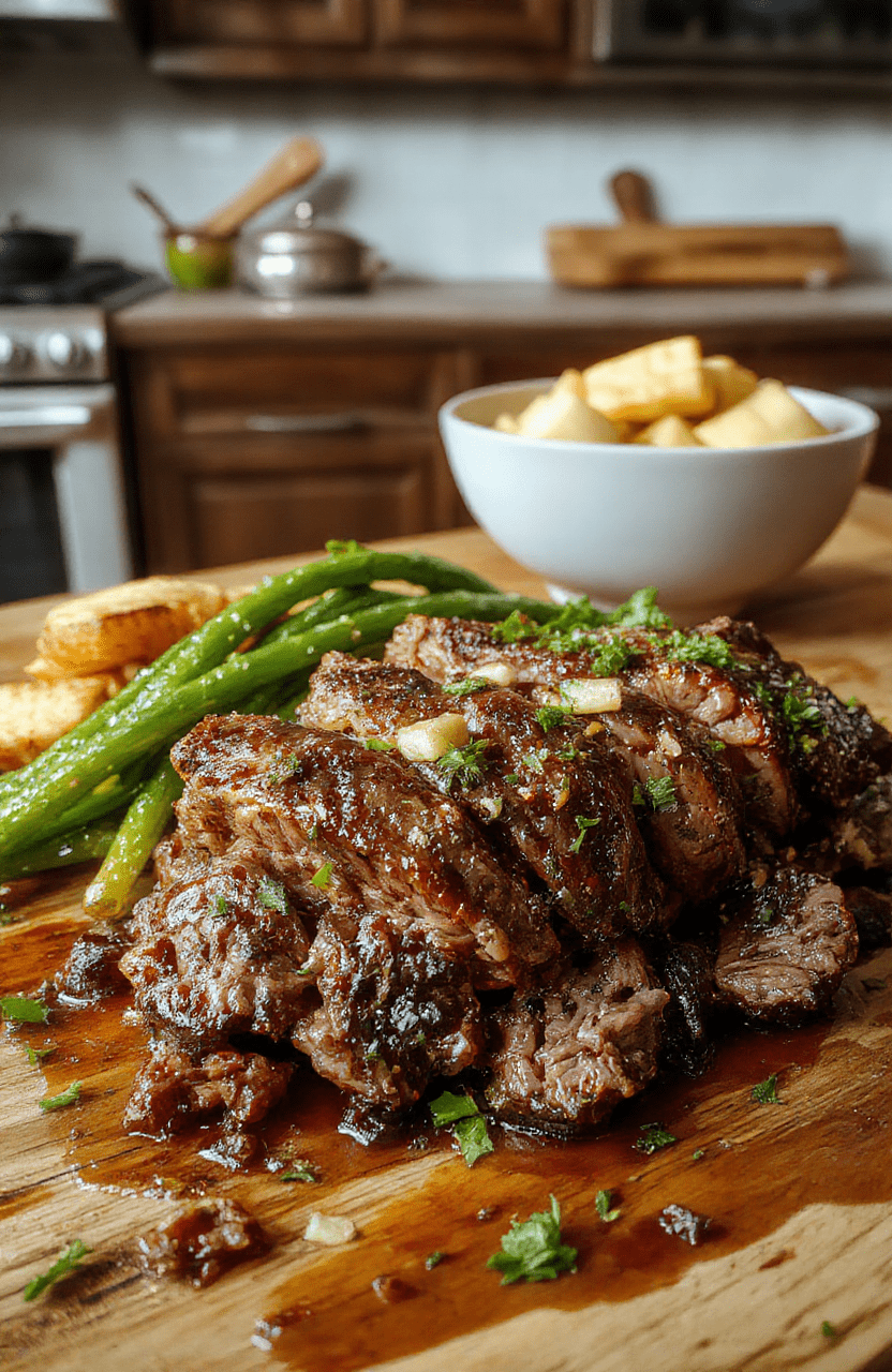 Colorful slices of tender beef, vibrant bell peppers, and onions arranged artfully on a white ceramic plate. The dish is garnished with fresh green herbs, with a rich and savory sauce glistening in the light. The background features a rustic wooden table with natural daylight highlighting the textures and bright colors of the ingredients.
