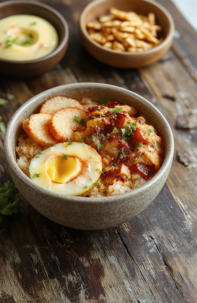 A vibrant taco rice bowl plated on a white ceramic dish with colorful toppings like shredded lettuce, diced tomatoes, grated cheese, and sour cream. The rice is fluffy and golden, contrasted by fresh greens and bright red tomatoes, garnished with cilantro. The bowl rests on a rustic wooden table, styled casually with a sprinkle of seasoning around. Bright, appetizing, perfect for a quick dinner setting.
