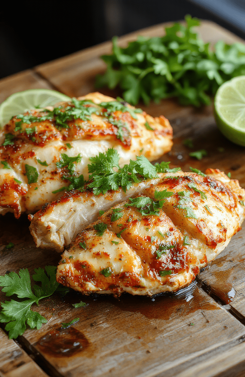 A vibrant bowl of shredded cilantro lime chicken garnished with fresh cilantro and lime wedges, surrounded by colorful vegetables on a rustic wooden table, with a luscious saucy texture and bright green herbs adding freshness.