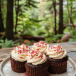 Colorful dark chocolate cupcakes topped with creamy butterbeer frosting, garnished with magical edible glitter and whimsical sugar decorations, set on a rustic wooden table with mystical forest-themed elements in the background.