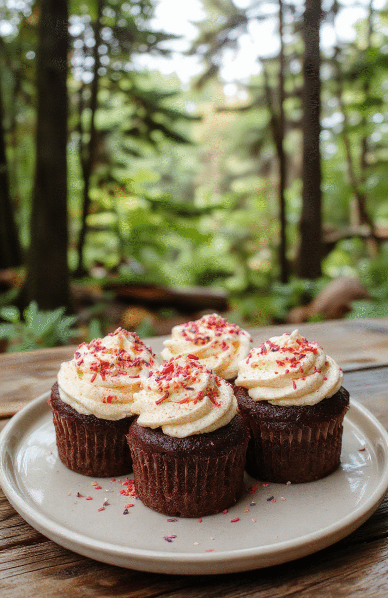 Colorful dark chocolate cupcakes topped with creamy butterbeer frosting, garnished with magical edible glitter and whimsical sugar decorations, set on a rustic wooden table with mystical forest-themed elements in the background.