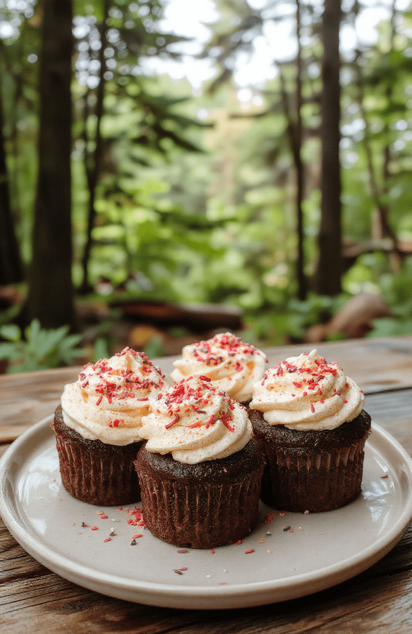 Colorful dark chocolate cupcakes topped with creamy butterbeer frosting, garnished with magical edible glitter and whimsical sugar decorations, set on a rustic wooden table with mystical forest-themed elements in the background.