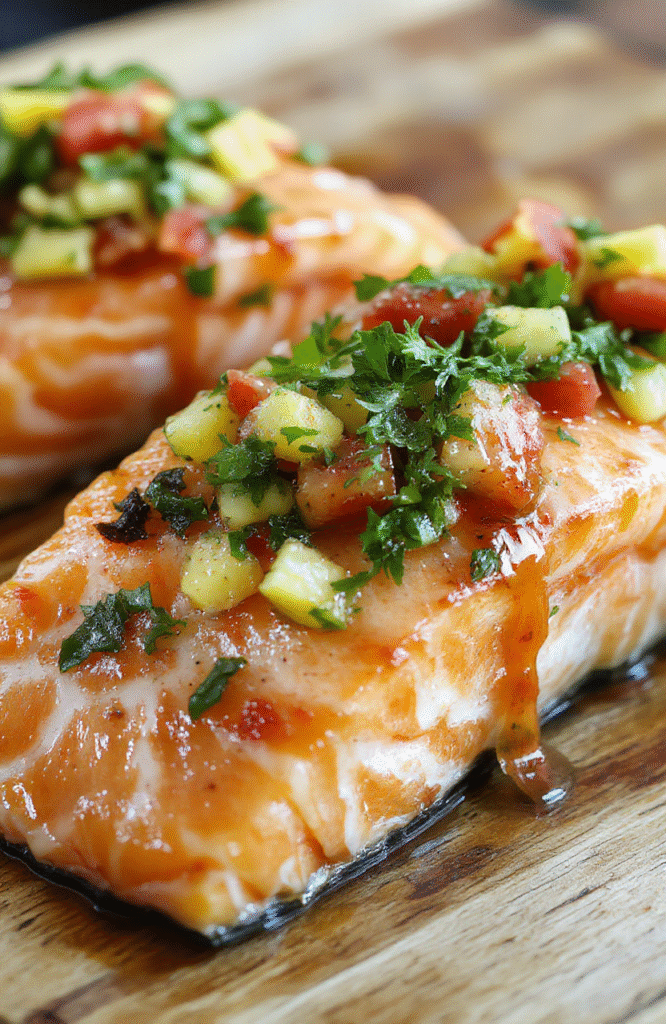 Vibrant fresh mango salsa topping a perfectly cooked salmon fillet, plated on a white ceramic dish with a colorful backdrop of diced mango, red onion, cilantro, and lime wedges, creating a bright and appetizing visual, textured and fresh, styled simply for an inviting presentation.