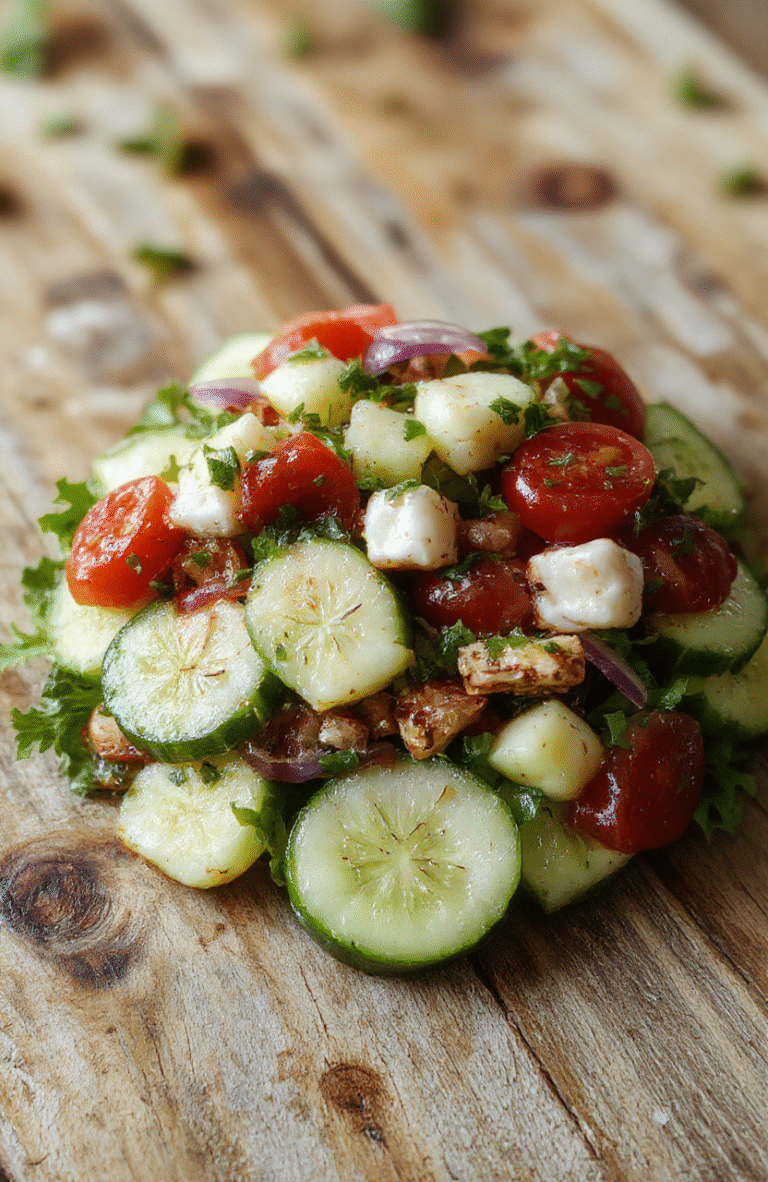 Bright and colorful Mediterranean salad arranged in a white bowl, featuring vibrant green cucumber slices, juicy red tomato wedges, thinly sliced red onion, drizzled with olive oil and garnished with fresh herbs, with a rustic wooden background.