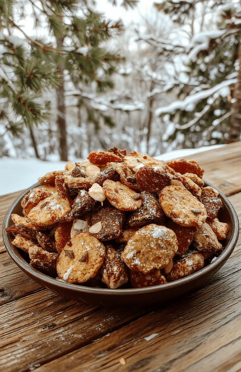 A vibrant bowl of Frozen Kristoff’s Reindeer Trail Mix featuring colorful dried fruits, crunchy nuts, and chocolate pieces, artfully arranged on a rustic wooden table. The textures are varied, with glossy dried berries, matte nuts, and shiny chocolate chunks, all sprinkled with a dusting of frost-like sugar. The scene evokes a whimsical, wintery feel with hints of Nordic charm, styled simply to highlight the snack's festive appeal.
