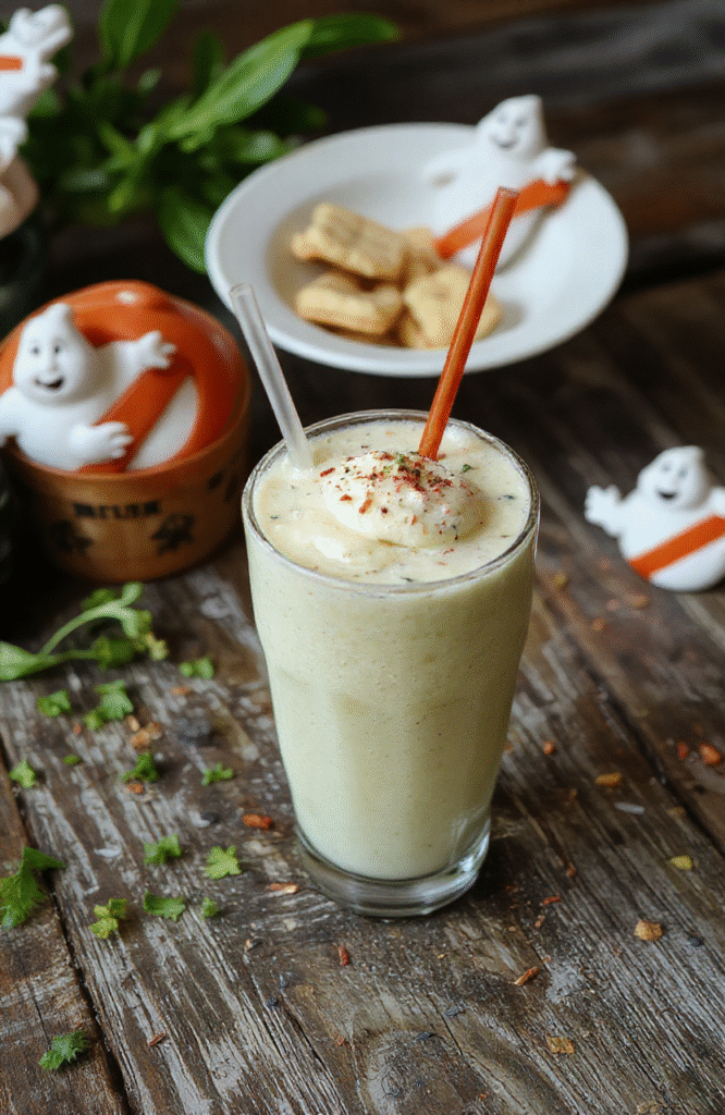Vivid green Ecto Cooler Smoothie served in a clear glass, topped with a frothy layer and a straw, surrounded by ghostly fog-like wisps, with colorful retro Ghostbusters-themed props and a dark background setting.