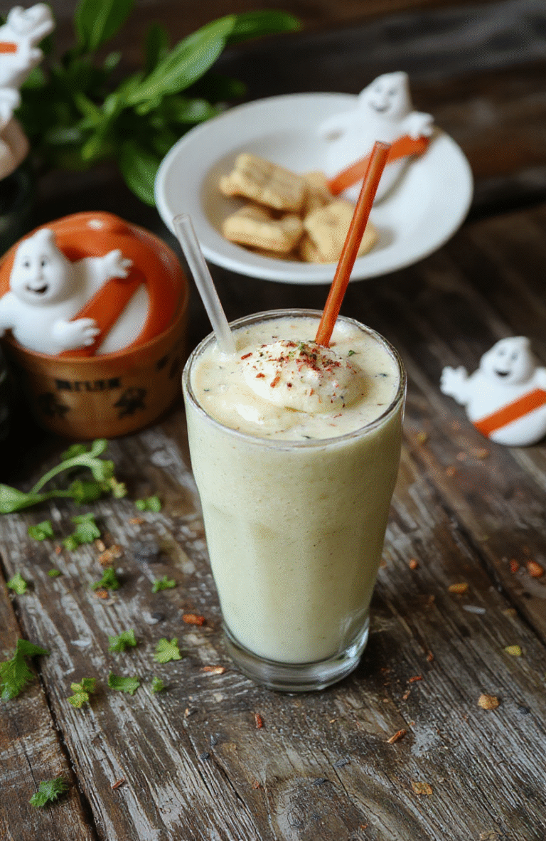 Vivid green Ecto Cooler Smoothie served in a clear glass, topped with a frothy layer and a straw, surrounded by ghostly fog-like wisps, with colorful retro Ghostbusters-themed props and a dark background setting.