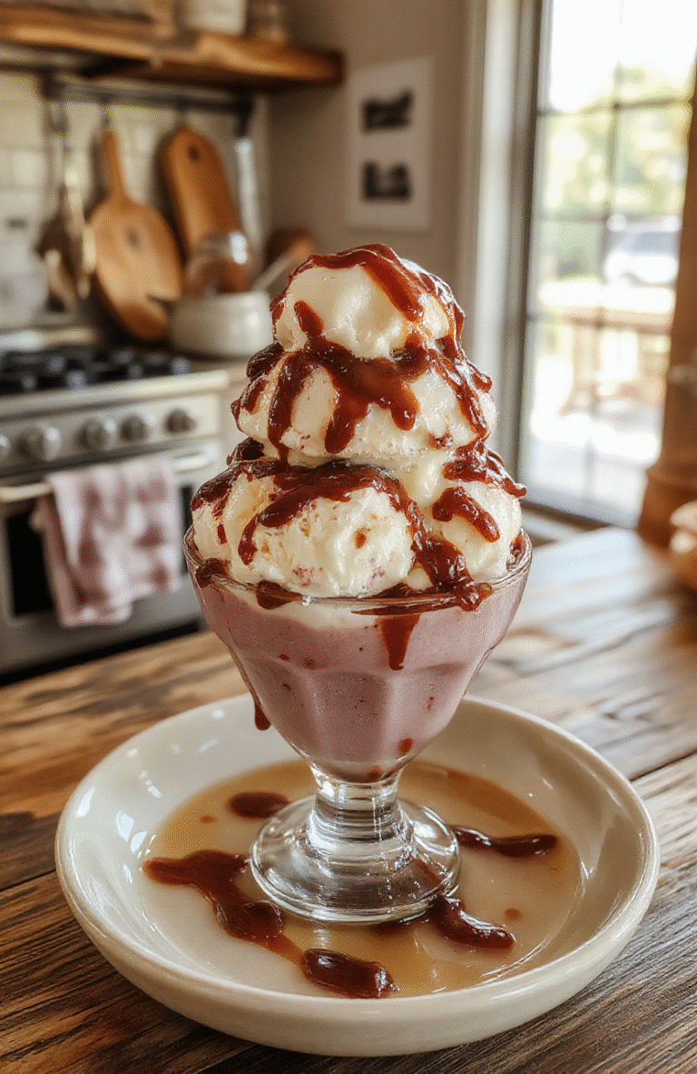 A vibrant ice cream sundae featuring scoops of vanilla and chocolate ice cream topped with whipped cream, colorful sprinkles, a cherry, and chocolate syrup, elegantly presented in a classic glass bowl on a rustic wooden table. The background hints at a cozy indoor setting with warm lighting and soft-focus elements.