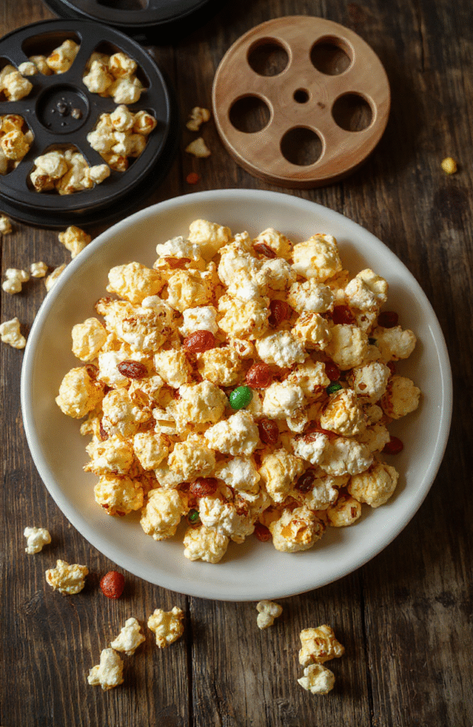 Colorful HBO Max Cinematic Popcorn Mix in a clear glass bowl, featuring buttery popcorn, rainbow candies, and crushed Chesterfield crisps, styled with a vintage movie theater theme, with vibrant lights and film reels in the background.