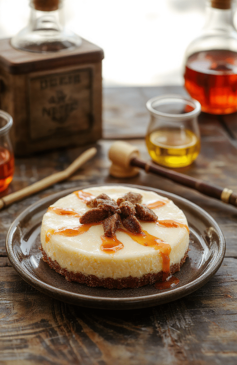 A creamy Butterbeer Cheesecake with a golden caramel top, garnished with whipped cream and caramel drizzle, plated on a rustic wooden board with a sprinkle of cinnamon, styled with magical wizarding elements like a wand and potion bottle in the background.