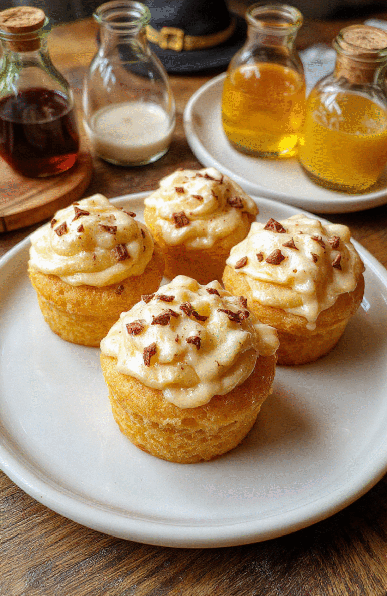 Colorful Butterbeer Cupcakes with golden caramel glaze topped with whipped frosting and edible sparkles, arranged on a rustic wooden tray, styled with a Harry Potter theme including golden snitch and potion bottles, vibrant and inviting, showcasing textures of fluffy cupcake, smooth frosting, and crunchy toppings.