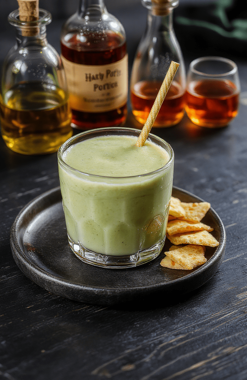 A vibrant green Polyjuice Potion Smoothie in a clear glass with swirling textures, garnished with a lime wedge and mystical herbs, placed on a dark wooden surface. The smoothie has a glossy, slightly frothy top, evoking a magical brew. Soft ambient lighting highlights its luminous color, with a background hinting at a magical Hogwarts setting and potion bottles.