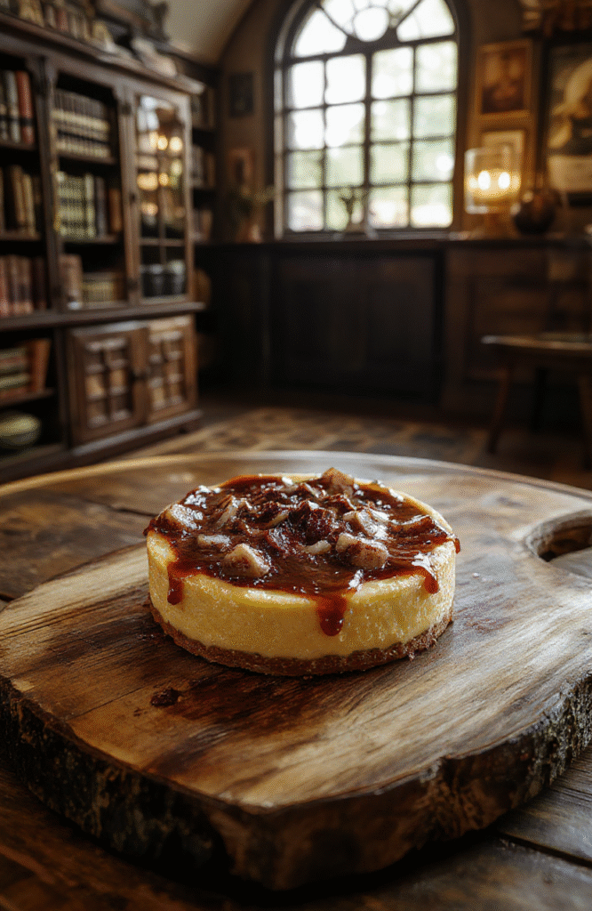 A golden-brown treacle tart with a flaky crust, topped with a glossy golden syrup glaze, sliced to reveal a rich, sticky filling, presented on a rustic wooden board with a vintage tea setting in the background, styled with a sprinkle of powdered sugar and a sprig of fresh thyme, evoking a cozy, magical atmosphere.