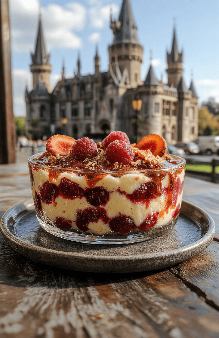 A vibrant glass bowl filled with layers of colorful, fluffy sponge cake, fresh fruit, and creamy custard, topped with whipped cream and sprinkles, styled with a whimsical, magical theme.