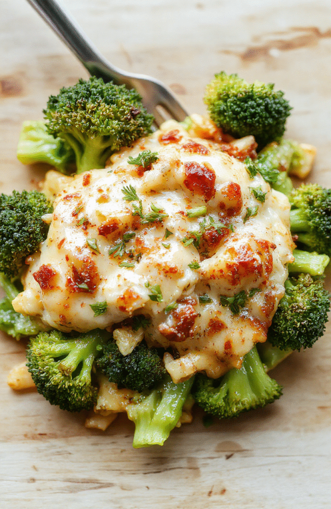 A vibrant plate of healthy broccoli chicken casserole featuring steamed broccoli florets, tender shredded chicken, topped with melted light cheese, served in a rustic white dish. The dish is garnished with fresh herbs, with a creamy sauce visible around the ingredients, set against a neutral wooden table with soft natural lighting highlighting textures and colors.