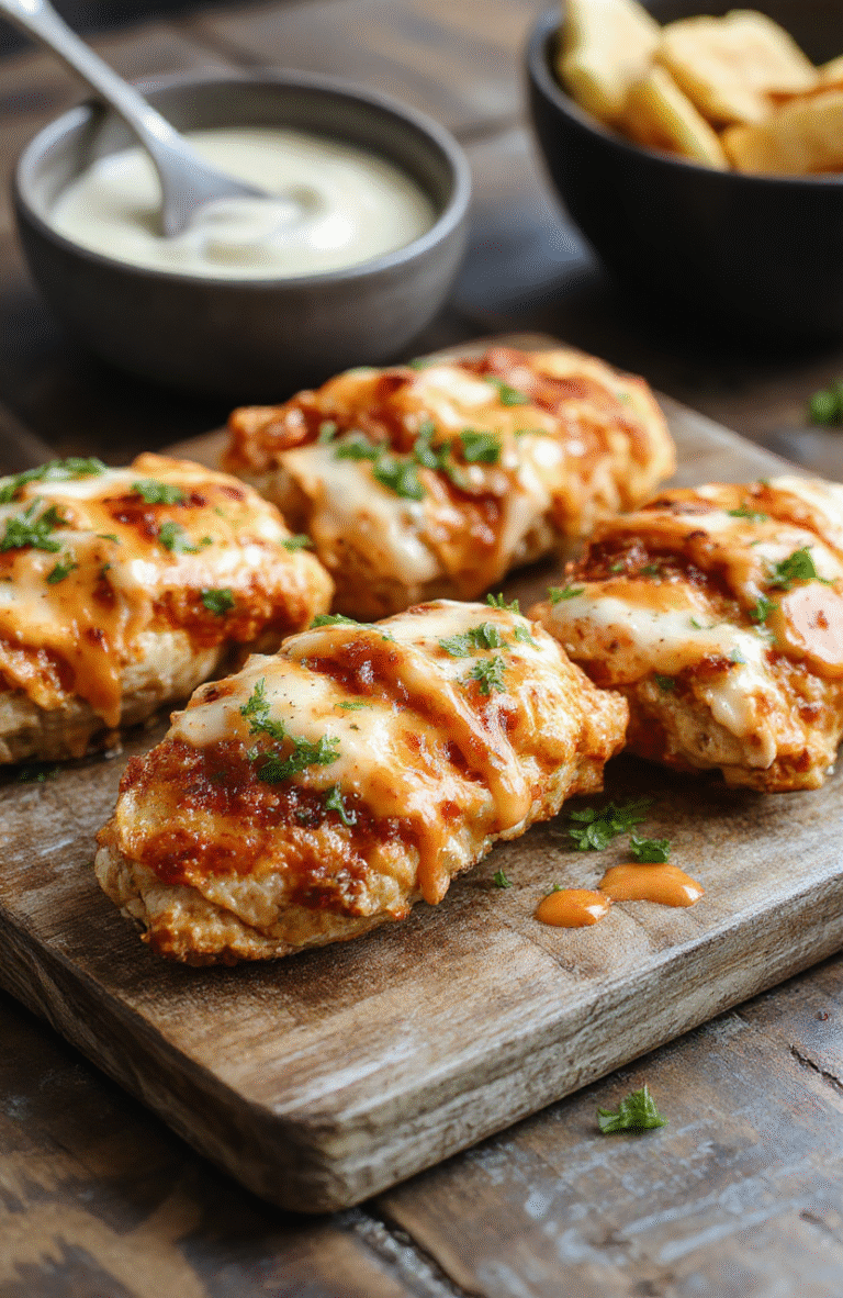 Colorful plate of golden baked buffalo ranch chicken strips arranged neatly with a side of fresh celery sticks and a small bowl of creamy ranch dressing. The crispy texture of the chicken contrasts with the vibrant red buffalo sauce and green garnishes, styled on a rustic wooden table with soft natural lighting highlighting the appetizing appeal.