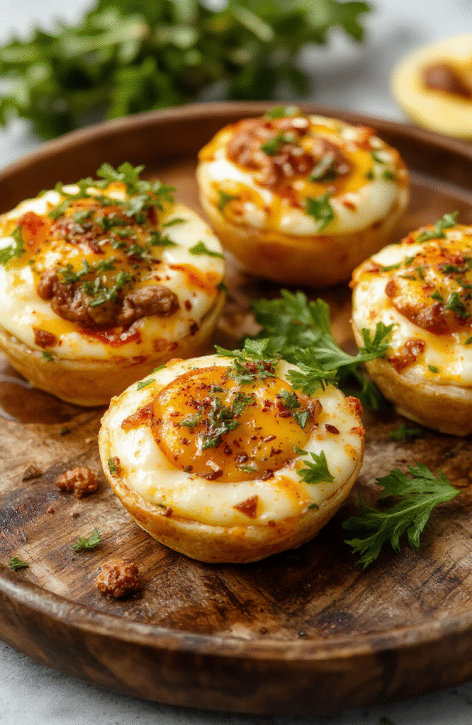 Colorful and neatly arranged beef, cheese, and egg cups topped with fresh herbs, set on a rustic wooden plate with vibrant vegetables in the background, showcasing textures of crispy edges and gooey cheese, styled simply with a light natural setting.