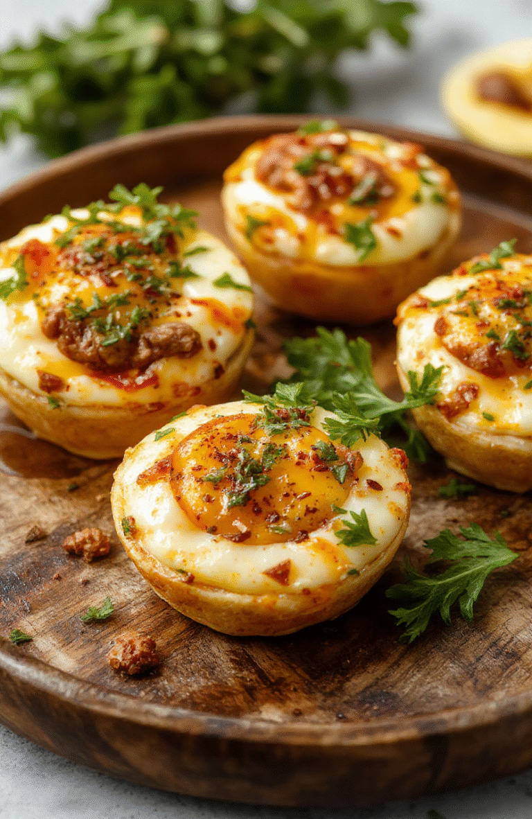 Colorful and neatly arranged beef, cheese, and egg cups topped with fresh herbs, set on a rustic wooden plate with vibrant vegetables in the background, showcasing textures of crispy edges and gooey cheese, styled simply with a light natural setting.